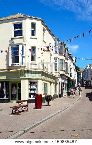 SEATON, UNITED KINGDOM - JULY 18, 2016 -View along a town centre shopping street Seaton Devon England UK Western Europe, July 18, 2016.