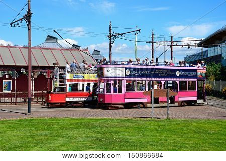 SEATON, UNITED KINGDOM - JULY 18, 2016 -View of Seaton Electric Tramway Trams outside the tram station Seaton Devon England UK Western Europe, July 18, 2016.