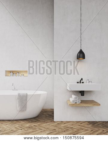 Bathroom with light gray walls bathtub sink and towel shelf. Concept of luxury interior. Toned image. Mock up. 3d rendering