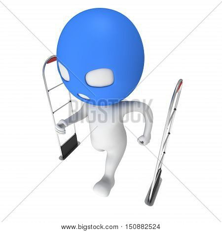 3D shoplifter scanner and running thief man in mask isolated on white background. Scanner entrance gate for prevent theft in shop or store. Security concept.