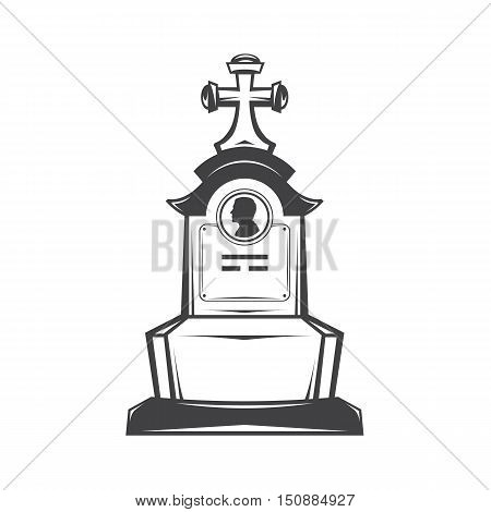 Vector isolated image of contour the grave gravestone monument depicting male profile. Headstone for print and web design funeral services. Burial and funeral