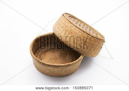 Bamboo Wicker Basket with Lid (Rice Basket) on White Background