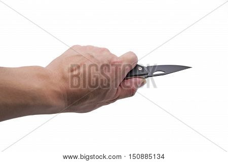 Hand Holding Penknife Isolated on White Background