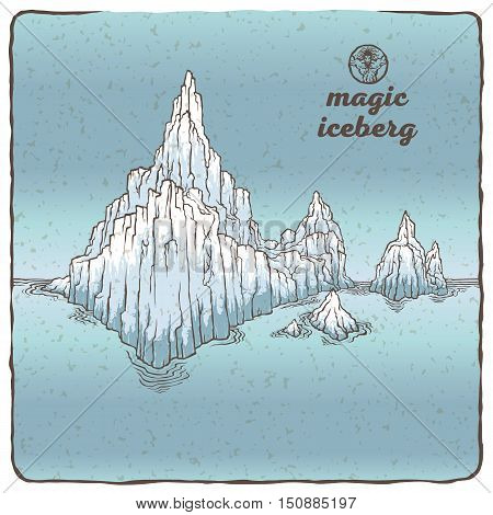 Vector isolated image of the contour of the iceberg. Northern landscape in the background of water and sky. Snow and ice. The magical beauty of nature. Cold ocean