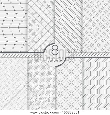 Set of eight seamless patterns. Modern stylish textures. Regularly repeating geometrical ornaments with different geometric shapes. Thin line. Zigzag. Rhombus. Diamond. Dot