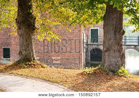 Autumn leaves fall from the trees at sunny day. Castle park in the netherlands Vaassen Gelderland