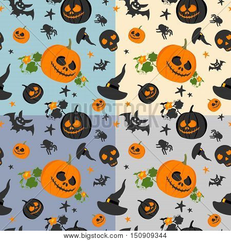 Set of four trendy seamless Halloween patterns. Colored seamless background pattern for halloween with pumpkin, spider, bat, witch hat, scull, in flat style.