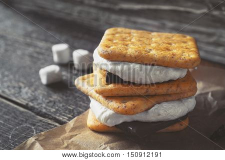 Smores on the wooden table horizontal blur, blurred