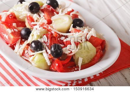Shopska Salad From Fresh Vegetables With Feta Cheese Close-up. Horizontal