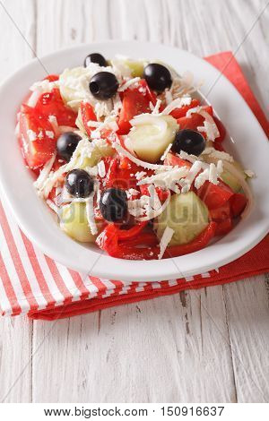 Shopska Salad From Fresh Vegetables With Feta Cheese Close-up. Vertical