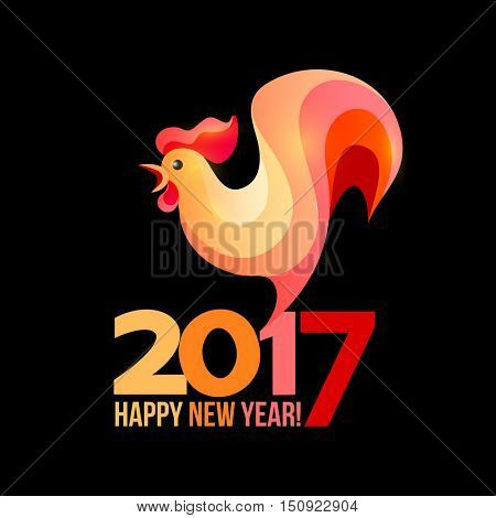 Colorful poster of a rooster isolated on black background. Good for prints, covers, posters, cards, gift design. Happy 2017 Chinese New Year card.