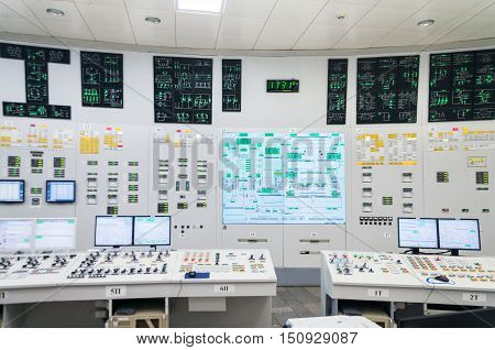 The central control room of nuclear power plant. Fragment of nuclear reactor control panel.