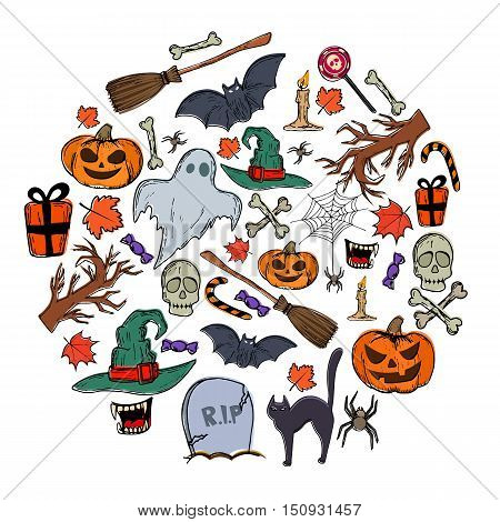 Set of Halloween icons in circle shape background. Template for packaging cards posters and menu. Vector stock illustration.