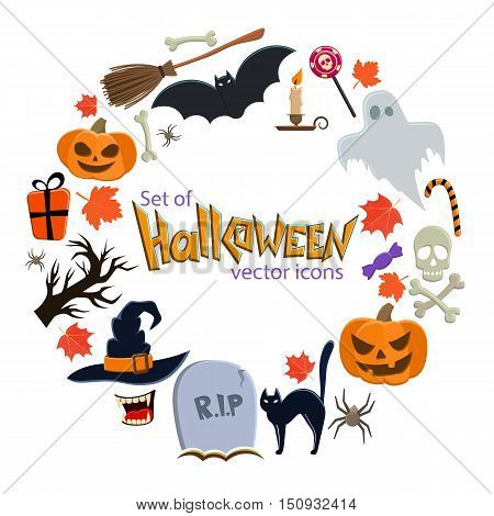 Round frame with Halloween icons. Template for packaging cards posters menu. Vector stock illustration