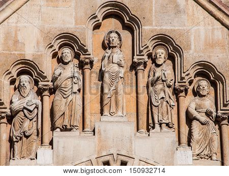 Sculpture On The Facade Of The Church Of Jak In The City Park Of Budapest