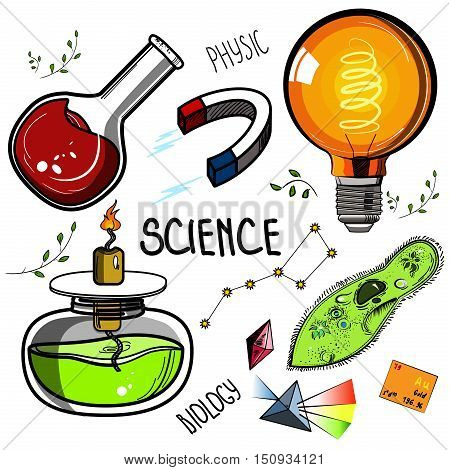 Colored Hand drawn science set. Sketch elements. Laboratory instruments and chemical formula