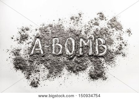 Atom bomb word written in grey explosion ash dust cloud