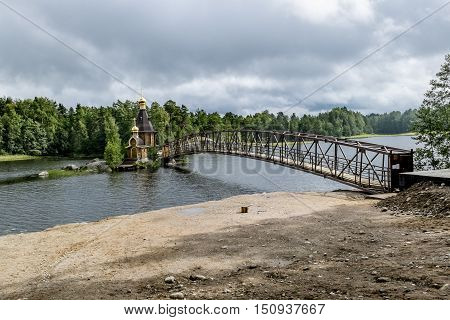Vasiliyevo.Russia.15 Aug 2016 .View of the Church of St. Andrew on the island on the lake Vuoksa in Karelia.