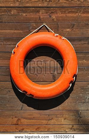 Life buoy hanging on wooden wall near pool and beach