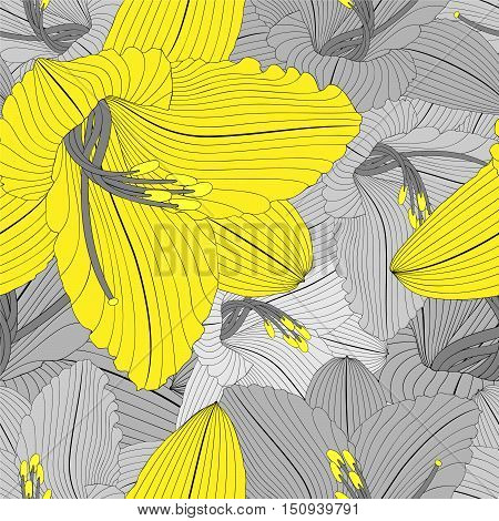 Beautiful seamless floral hand drawn floral background with lily flowers. Vector illustration.