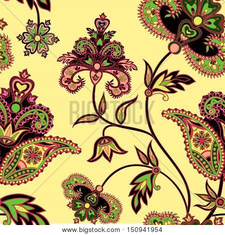Flourish tiled pattern. Floral retro background. Curved tree branch with fantastic flowers, leaves and berries. Wonderland motives of the paintings of ancient Indian fabric ornament
