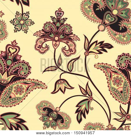 Flourish tiled pattern. Floral retro background. Curved tree branch with fantastic flowers leaves and berries. Wonderland motives of the paintings of ancient Indian fabric patterns.