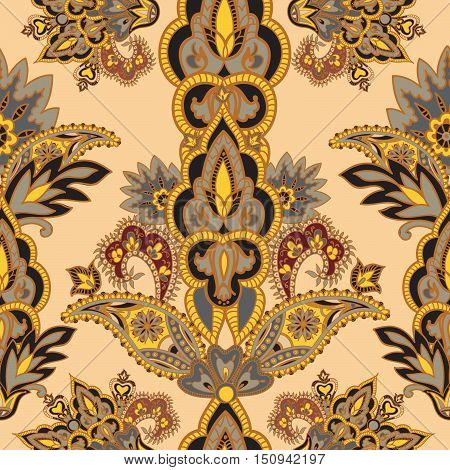 Flourish tiled pattern. Floral retro background. Branch with fantastic flowers leaves and berries. Wonderland motives of the paintings of ancient Indian fabric patterns.