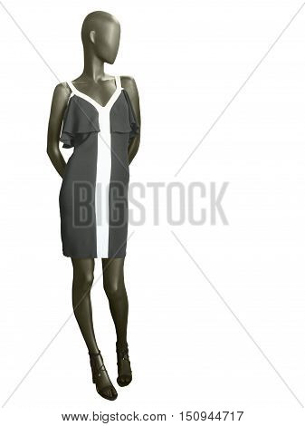 Full length female mannequin dressed in black summer dress isolated on white background. No brand names or copyright objects.