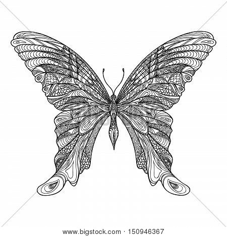 Butterfly isolated with beautiful patterned wings. butterfly hand drawn sketch illustration. Decorative abstract doodle design element with ornament suitable for a tattoo.