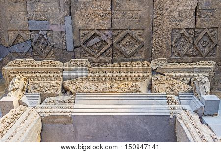 The stone friezes on door frame and ceiling pannels of Garni Temple are covered with fine patterns Kotayk Province Armenia.