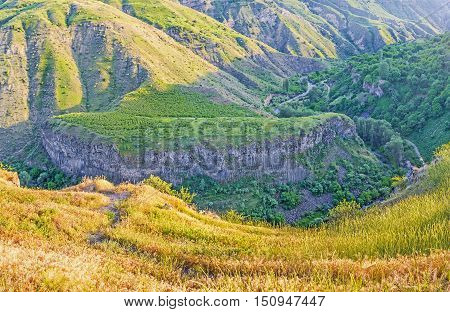 Panorama of basalt columns formtion famous as the Symphony of the Stone located in Garni gorge Kotayk Province Armenia.