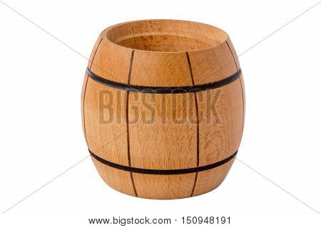 Small wooden barrel closeup isolated on white background
