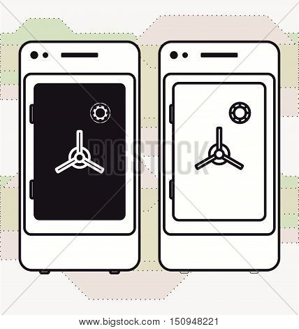 Smartphone mobile banking safe deposit strongbox Black and white