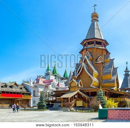 The highest timbered church in Russia located in Izmailovsky Kremlin dedicated to St Nicholas and boasts complex multi-level roof a couple of carved porches and covered gallery Moscow.