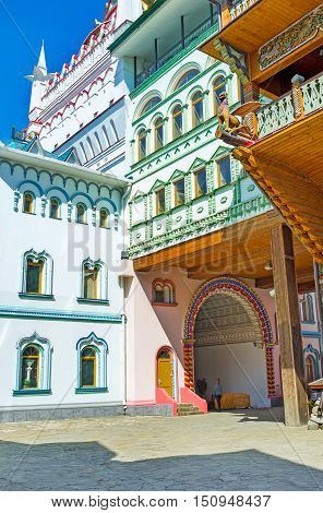 The Izmailovsky Kremlin is famous for its colorful buildings imitating old Russian architecture interesting museums art and craft centers souvenir stores Moscow Russia.
