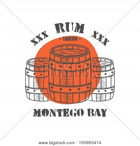 Vintage handcrafted poster template with old barrels and vector sign - rum, montego bay. Sketching filled style. Retro design for banner, flyer. Isolated on white background with red shape. Vector.