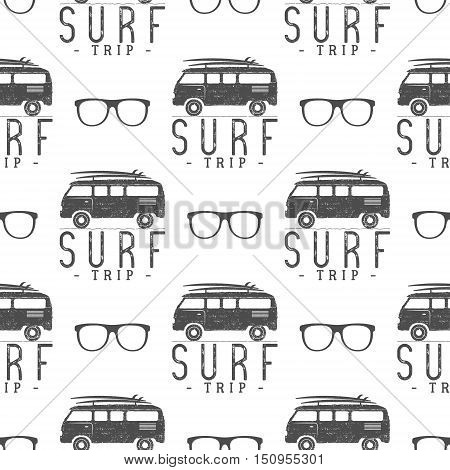 Surfing Seamless pattern with surfing glass. Surfer van, glasses elements. Surfing rv wallpaper printing design. Surfing combi. Summer print, background texture. Surf vacation trip. Silhouette.
