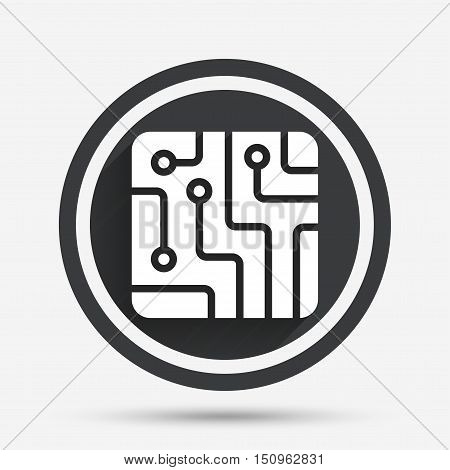 Circuit board sign icon. Technology scheme square symbol. Circle flat button with shadow and border. Vector