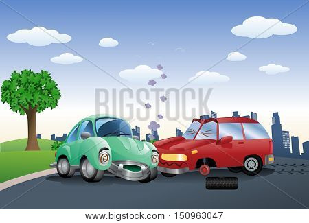 illustration of a red car destroyed in a crash hitting green car on city background