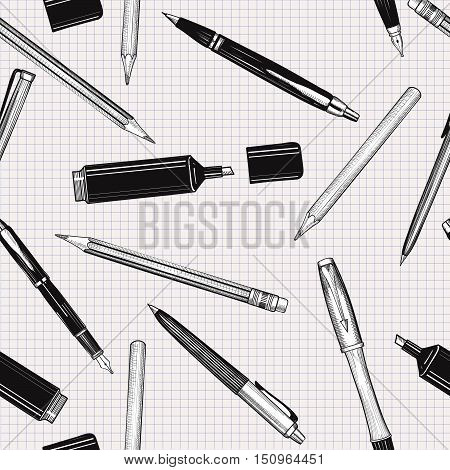Pen set seamless pattern. Hand drawn vector. Pencils pens and marker collection isolated over paper tiled background.