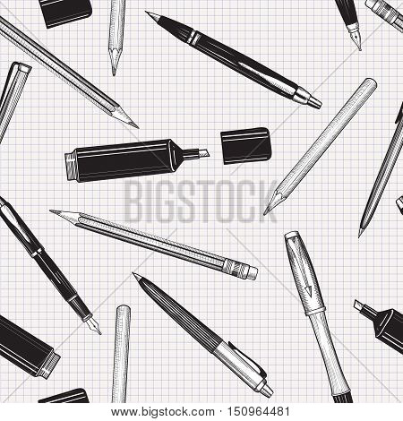 Pen set seamless pattern. Hand drawn vector. Pencils pens and marker collection isolated over paper tiled background.