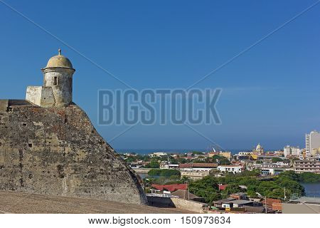 Tower on the top of San Felipe de Barajas fortress in Cartagena Colombia. Historic fortress locates on the hill overlooking the walled city.