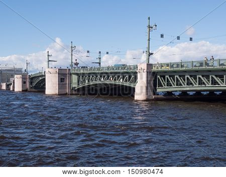 Saint Petersburg Russia September 06 2016: A view of the spans of the Palace bridge in Sunny day in St. Petersburg Russia.