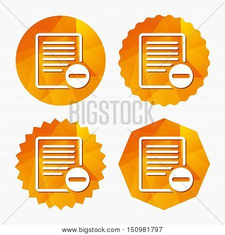 Text file sign icon. Delete File document symbol. Triangular low poly buttons with flat icon. Vector