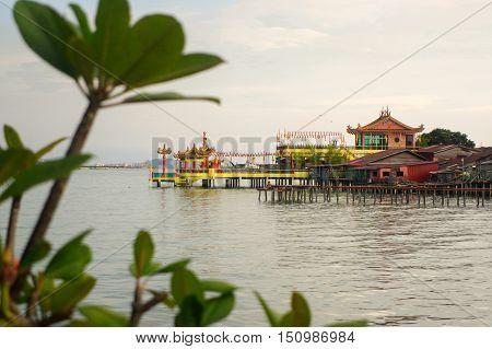 GEORGETOWN MALAYSIA - MAY 29: closeup view of Hean Boo Thean Kuanyin Chinese Buddhist temple in Clan Jetties. Built on stilts over the harbor of George Town