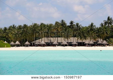 bungalows on a white beach with coconut palms on Maldives Island