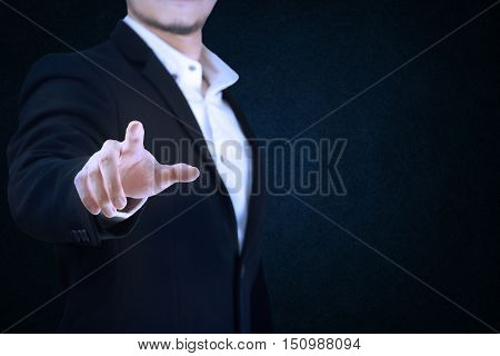 set 9. business man acting his hands on blue background.