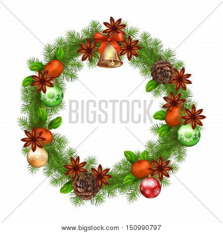 Vector Christmas drawing tree branch wreath with cones and decorations on white background