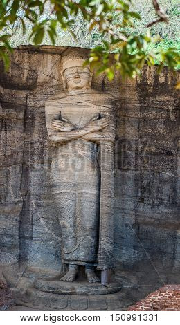 Ancient City of Polonnaruwa, panoramic photo of a Buddha standing on lotus plinth at Gal Vihara Rock Temple (Gal Viharaya), UNESCO World Heritage Site, Sri Lanka, Asia.