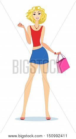 Beautiful blond woman with shopping bags. Stock vector illustration